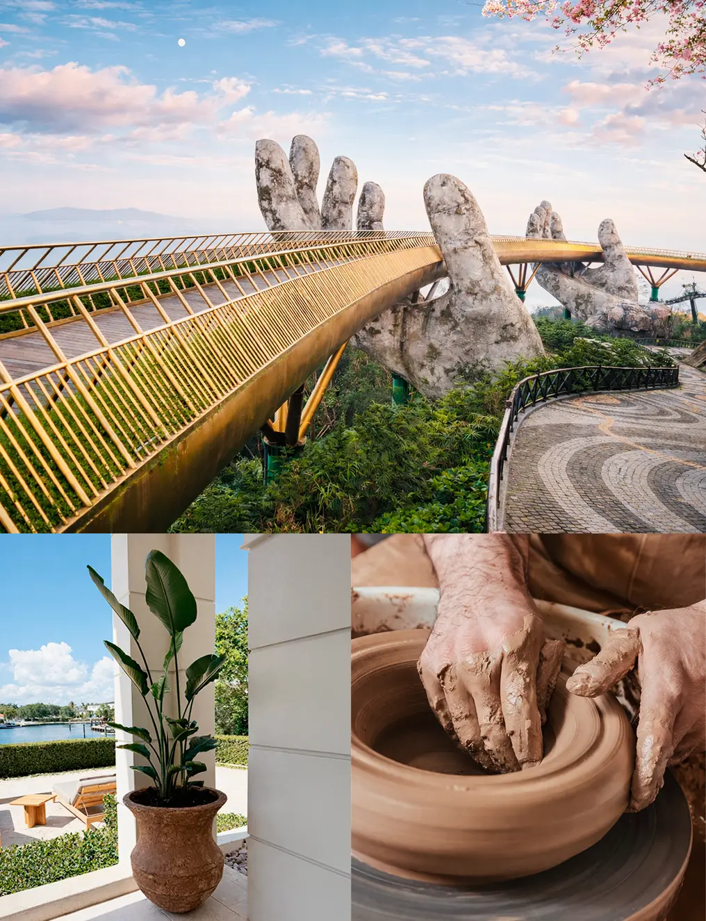 A three-part collage:
            • Top: A woman in a white áo dài and conical hat stands with her back to the camera, gazing over rows of lush green crops bathed in golden sunlight.
            • Bottom left: A close-up of a weathered, earthenware vase held by a hand, its textured surface showing age and craftsmanship.
            • Bottom right: A sweeping aerial view of vibrant green rice terraces cascading down a mountainside under a misty sky.